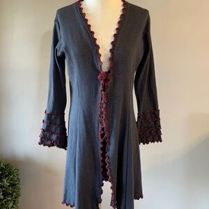 LAURA HLAVAC super stretch rib knit RUFFLE CARDIGAN tie front charcoal grey SM